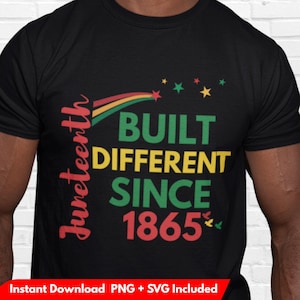 May include: Black t-shirt with the words "Juneteenth" in red script. The shirt features a rainbow design and the text "BUILT DIFFERENT SINCE 1865" in green and yellow. Stars and small birds complete the design.