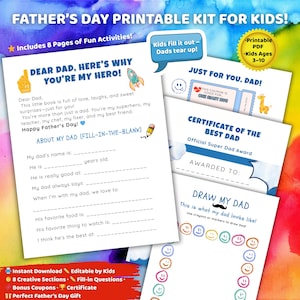 Vatertag Buch für Kinder, Alles über Papa, Sofort-Download, Geschenk für Papa, Fragebogen zum Vatertag, Füllen Sie das leere Arbeitsblatt aus