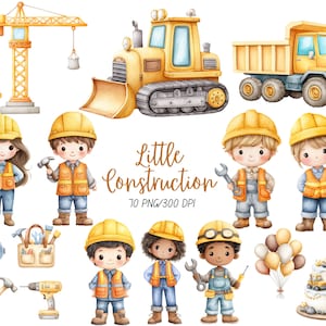 Könnte beinhalten: Aquarell-Illustration mit Elementen zum Thema Bau. Enthält einen gelben Kran, einen Bulldozer und einen Muldenkipper. Mehrere Cartoonfiguren von Kindern, die als Bauarbeiter verkleidet sind, sind ebenfalls vorhanden, zusammen mit Werkzeugen und einem Kuchen.
