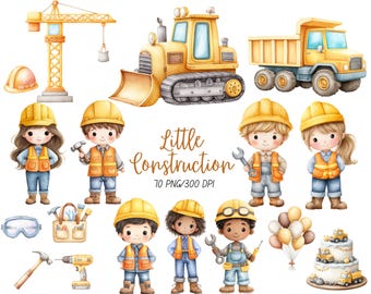 Construction Clipart, Watercolor, Construction Birthday Png, Construction Vehicles, Cute Kids Clipart, Dump Truck, Commercial use