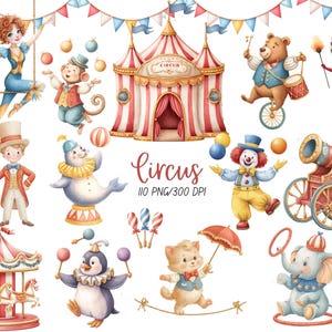 May include: Watercolor illustration of a circus theme with various performers and animals. Includes a circus tent, a carousel, a clown, an elephant, a bear on a unicycle, and a seal. The text "Circus" is also present.