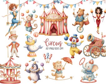 Circus Clipart, Watercolor, Carnival, Circus Animals, Tent, Cotton Candy, Clown, Commercial Use