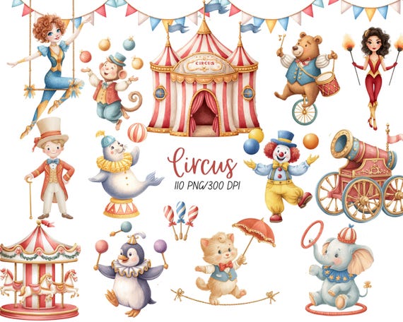 Circus Clipart, Watercolor, Carnival, Circus Animals, Tent, Cotton Candy, Clown, Commercial Use