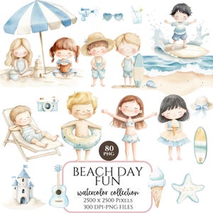 Clipart de playa, acuarela de verano para niños, castillo de arena PNG, clipart del océano, lindo paquete de clipart de verano, uso comercial