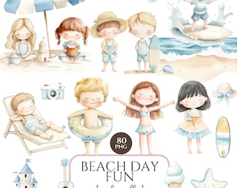 Beach Clipart, Watercolor Summer Kids, Sandcastle PNG, Ocean Clipart, Cute Summer Clipart Bundle, Commercial Use