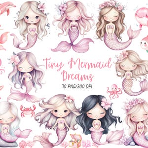 Paquete de imágenes prediseñadas de sirena linda, sirena rosa PNG, acuarela de animales marinos, temática oceánica, imágenes prediseñadas de fiesta infantil, fondo transparente