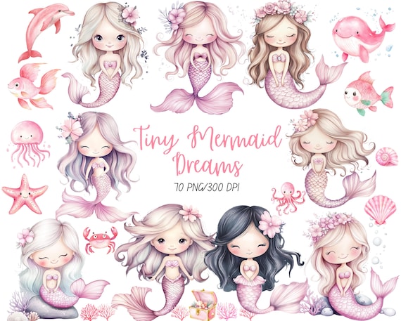 Cute Mermaid Clipart Bundle, Pink Mermaid PNG, Watercolor Under the Sea Animals, Ocean Theme, Kids Party Clipart, Transparent Background