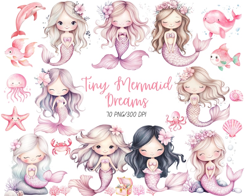 Cute Mermaid Clipart Bundle, Pink Mermaid PNG, Watercolor Under the Sea Animals, Ocean Theme, Kids Party Clipart, Transparent Background