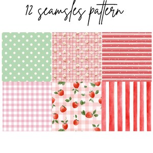 May include: A collection of 12 seamless patterns in a variety of designs. The patterns include polka dots, gingham, floral, strawberries, and stripes in shades of red, pink, and green. The text "12 seamless pattern" is written in cursive at the top.