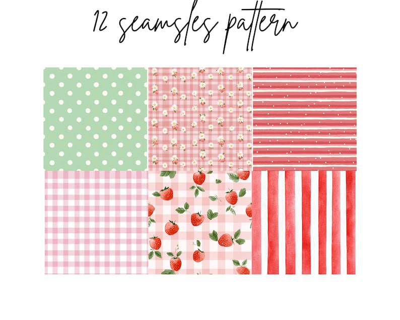 May include: A collection of 12 seamless patterns in a variety of designs. The patterns include polka dots, gingham, floral, strawberries, and stripes in shades of red, pink, and green. The text "12 seamless pattern" is written in cursive at the top.