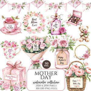 Glücklicher Muttertag Clipart, Aquarell Blumen Clipart, Muttertag PNG, Frühlingsblumen, digitaler Download, kommerzielle Nutzung