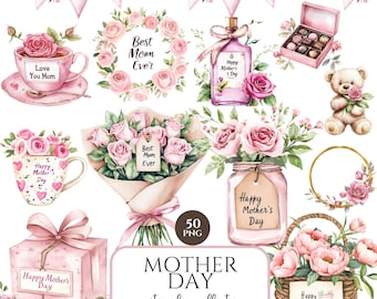 Happy Mothers Day clipart, aquarel bloemen clipart, Moederdag png, lentebloemen, digitale download, commercieel gebruik