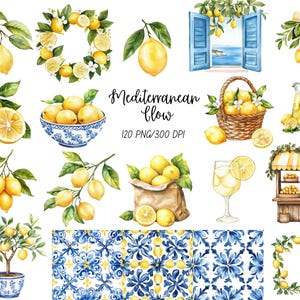 May include: Watercolor illustrations of lemons and lemon-themed items. Includes lemon branches, a lemon wreath, a bowl of lemons, a basket of lemons, a glass of lemonade, and a lemon stand. The text "Mediterranean Glow" is also present.