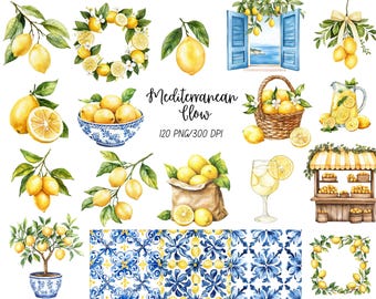 Mediterranean Clipart Watercolor Set, Lemon Clipart, Mediterranean Tile Clipart, Amalfi Coast Summer Clipart, PNG Set | Commercial Use