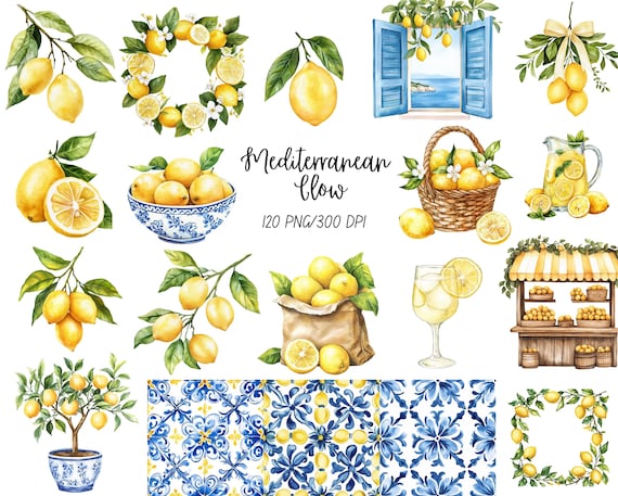 Mediterranean Clipart Watercolor Set, Lemon Clipart, Mediterranean Tile Clipart, Amalfi Coast Summer Clipart, PNG Set | Commercial Use