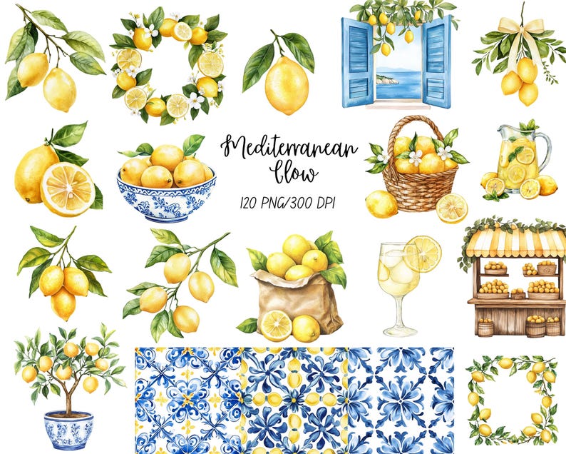 May include: Watercolor illustrations of lemons and lemon-themed items. Includes lemon branches, a lemon wreath, a bowl of lemons, a basket of lemons, a glass of lemonade, and a lemon stand. The text "Mediterranean Glow" is also present.
