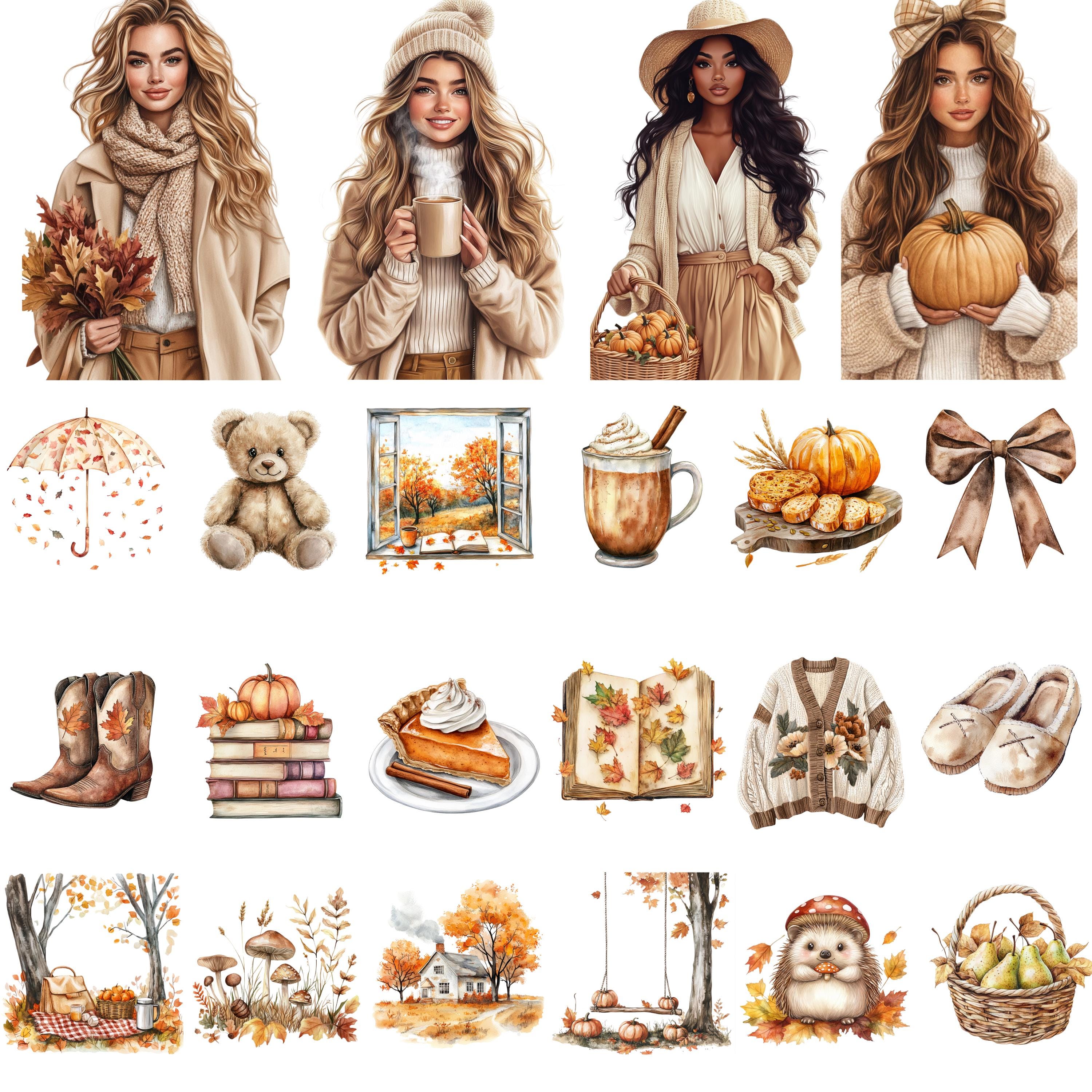 Watercolor Fall Clipart Bundle, Cozy Autumn PNG, Pumpkin & Fall Leaves ...