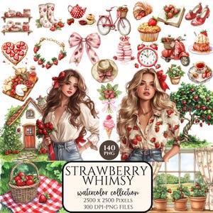 Watercolor Strawberry Clipart, Cottagecore Summer Clipart, Berry PNG, Junk Journal Stickers, Spring Daisies Clipart, Commercial Use