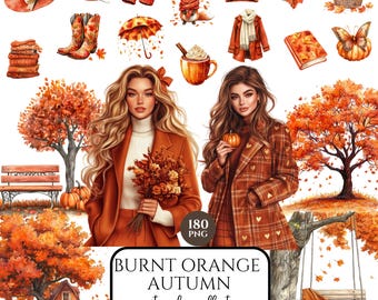 Akwarela Spalone Pomarańczowe Jesienne Clipart, Jesień Cottagecore PNG, Słodkie Naklejki, Rustykalna Jesień, Scrapbooking, Użytek Komercyjny