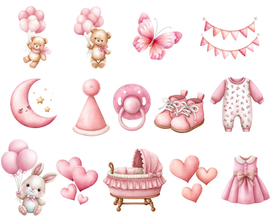 Pink Boho Nursery Clipart: Watercolor Baby Girl Animals (digital ...