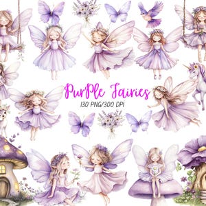 Aquarel paarse fee clipartbundel, schattig sprookjeshuis png, enchanted forest-elementen, bloemenkrans, paddestoel en eenhoorn illustraties