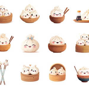 May include: A collection of cartoon illustrations featuring dumplings with smiling faces. The dumplings are in wooden steamers, bowls, and on a small plate with soy sauce. Chopsticks are also included in some of the illustrations. The dumplings have a cute, friendly appearance.