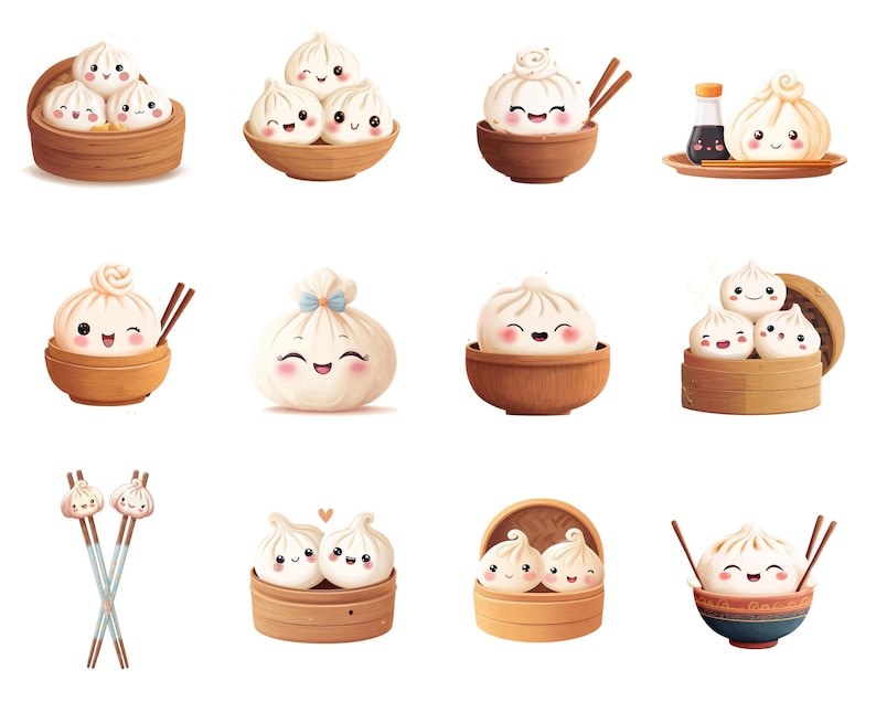 May include: A collection of cartoon illustrations featuring dumplings with smiling faces. The dumplings are in wooden steamers, bowls, and on a small plate with soy sauce. Chopsticks are also included in some of the illustrations. The dumplings have a cute, friendly appearance.