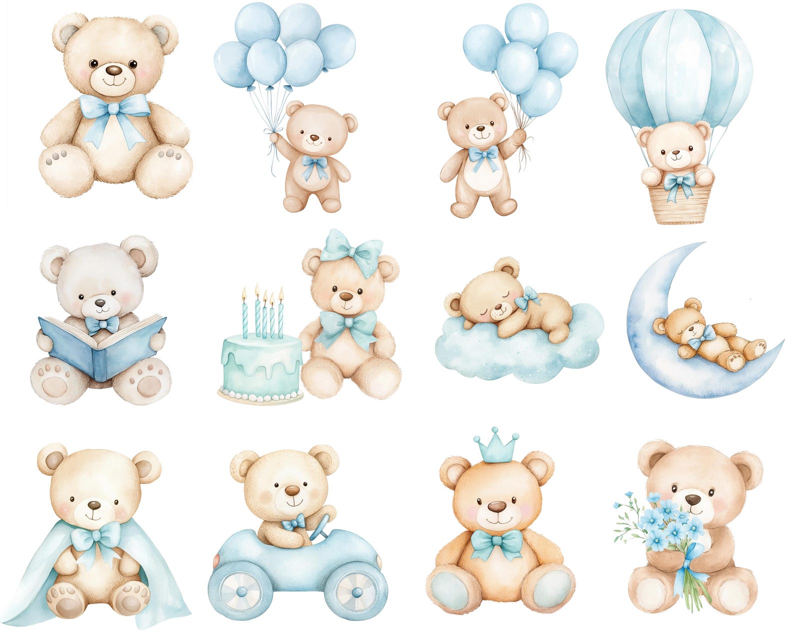 Watercolor Teddy Bear Clipart Bundle Baby Shower for a Boy Baby Blue ...