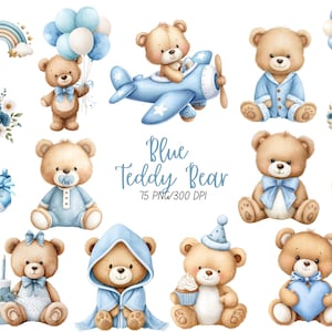 Puede incluir: Ilustraciones en acuarela de osos de peluche con detalles azules. La imagen incluye osos con globos, un avión, un pastel y un corazón. También está presente el texto "Blue Teddy Bear". Las ilustraciones están en una paleta de colores suaves y pastel.