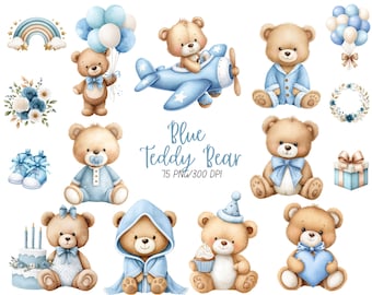 Teddy Bear Clipart Watercolor Baby Blue Boy Teddy Bear Nursery Art Baby Shower Invitation PNG