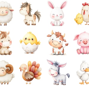 May include: Watercolor illustrations of various farm animals, including a sheep, horse, rabbit, chicken, chick, cow, pig, donkey, turkey, and duck. Each animal is depicted in a cute, cartoon style with soft colors and friendly expressions.