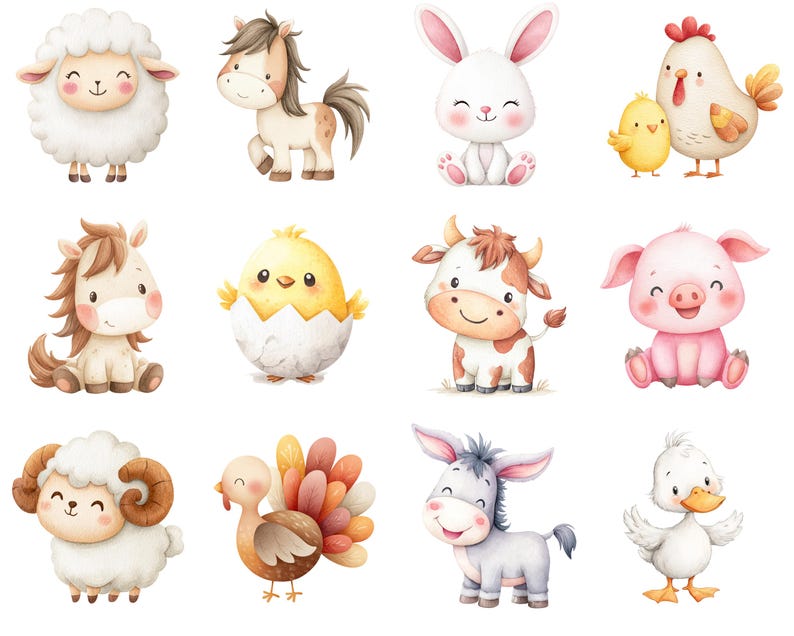 May include: Watercolor illustrations of various farm animals, including a sheep, horse, rabbit, chicken, chick, cow, pig, donkey, turkey, and duck. Each animal is depicted in a cute, cartoon style with soft colors and friendly expressions.