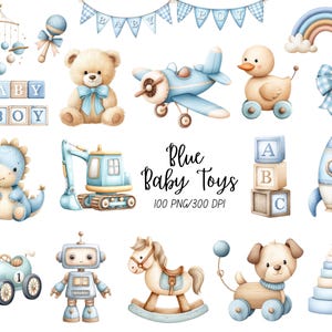 May include: Watercolor illustration of blue baby toys, including a teddy bear, airplane, duck, dinosaur, blocks, rocket, car, robot, rocking horse, and dog. The image also includes a banner that says "Baby Boy".