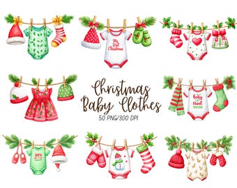 Christmas Baby Clothesline Clipart Bundle, My First Christmas New Baby PNG Holiday Graphics, Commercial Use