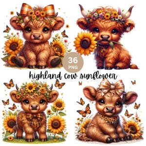 36 PNG Watercolor Sunflower Highland Cows Collection Clipart, Spring Flowers Clipart, Baby Animal, Baby Cow Clipart Bundle, Commercial Use