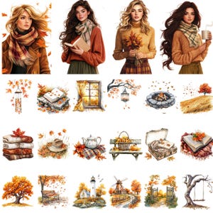Pu&ograve; includere: Una collezione di illustrazioni ad acquerello con temi autunnali. Le immagini includono donne in abiti autunnali, scene accoglienti con libri e coperte e paesaggi con alberi, un faro e un mulino a vento, il tutto in caldi colori autunnali.