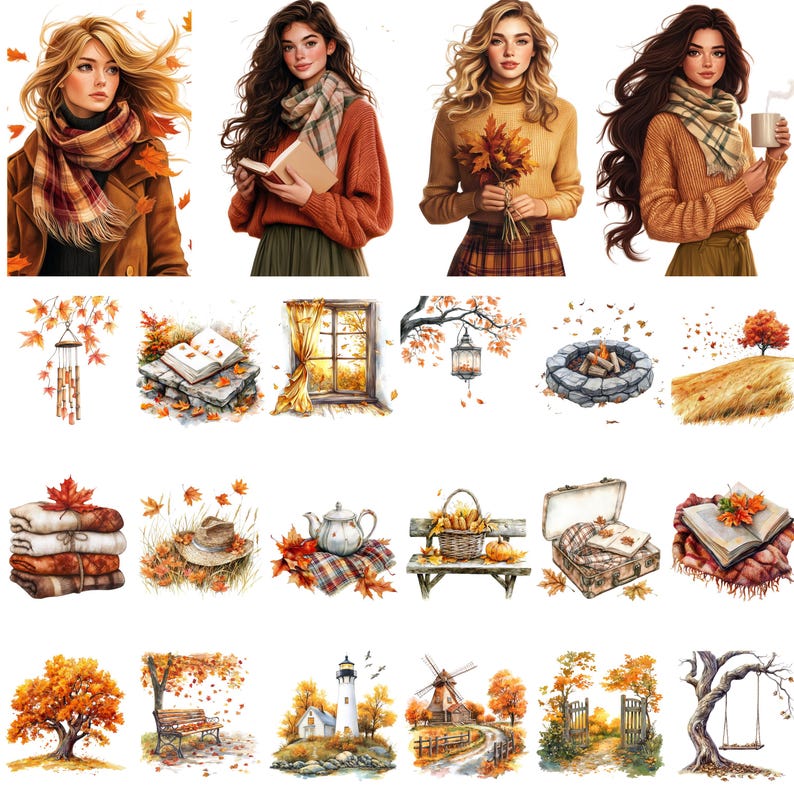 Pu&ograve; includere: Una collezione di illustrazioni ad acquerello con temi autunnali. Le immagini includono donne in abiti autunnali, scene accoglienti con libri e coperte e paesaggi con alberi, un faro e un mulino a vento, il tutto in caldi colori autunnali.