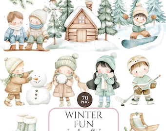 Cute Winter Fun Clipart, Whimsical Children Watercolor, Snow Activities, Nursery Decor, Snowman, Penguin, Hot Cocoa, Commercial Use