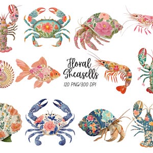 May include: A collection of watercolor illustrations featuring various sea creatures, including crabs, lobsters, shrimp, and a goldfish, adorned with floral patterns. The image includes the text "Floral Seashells 120 PNG/300 DPI."