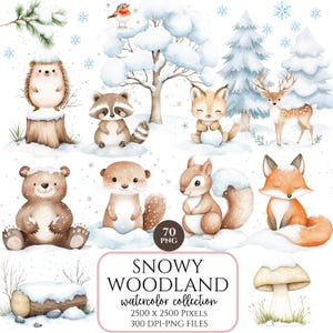 Puede incluir: Ilustración en acuarela de varios animales del bosque en una escena nevada. Incluye un erizo, un mapache, un zorro, un oso, una ardilla, un ciervo y un pájaro. El texto dice "SNOWY WOODLAND watercolor collection".