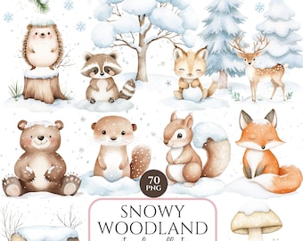 Snowy Animals Clipart, Winter Woodland, Winter Animals,  Snowy Forest Animals, Christmas Watercolor Clipart, Commercial License