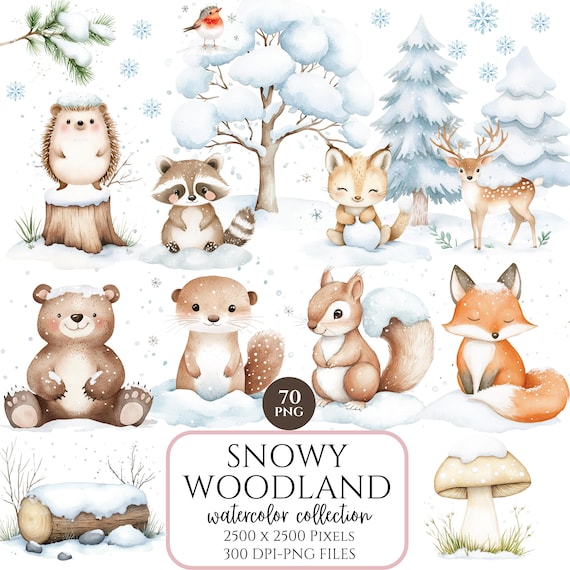 Snowy Animals Clipart, Winter Woodland, Winter Animals,  Snowy Forest Animals, Christmas Watercolor Clipart, Commercial License