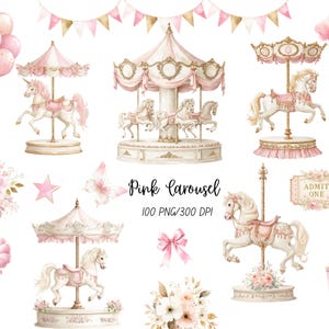 Watercolor Pink Carousel Clipart, Carousel Horses, Baby Girl Nursery Decor, PNG, Digital Download