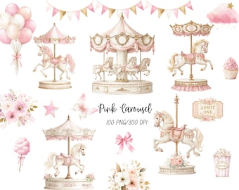 Watercolor Pink Carousel Clipart, Carousel Horses, Baby Girl Nursery Decor, PNG, Digital Download