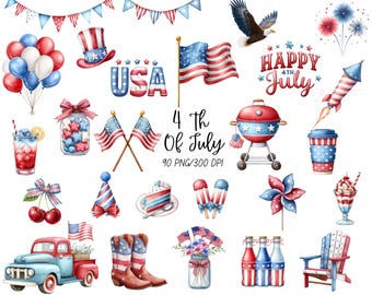 4th of July Clipart Watercolor PNG | Independence Day Fireworks, Red White Blue Picnic & Summer Decorations, Commercial Use