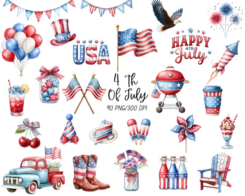 4th of July Clipart Watercolor PNG | Independence Day Fireworks, Red ...