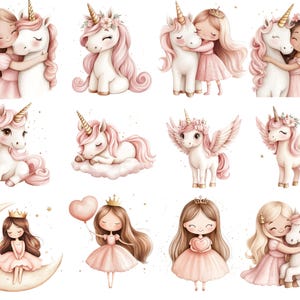 Cute Unicorn and Princess Clipart, Pink and Gold Balloon PNG, Pastel ...