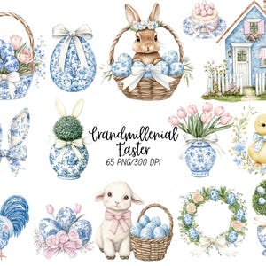 May include: Watercolor illustrations of Easter-themed objects. Includes a bunny in a basket, Easter eggs, a lamb, a duckling, a rooster, a house, and floral arrangements. The text "Grandmillenial Easter" is also present.