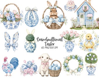 Puede incluir: Ilustraciones en acuarela con temática de Pascua. Incluye un conejo en una cesta, huevos de Pascua, un cordero, un patito, un gallo, una casa y arreglos florales. También está presente el texto "Grandmillenial Easter".