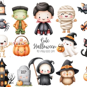 May include: A collection of digital illustrations featuring Halloween characters including a lantern, spider, Frankenstein monster, vampire, mummy, bat, candy, skeleton, pumpkin basket, ghost, cat, haunted house, tombstone, grim reaper, owl, and potion bottle.